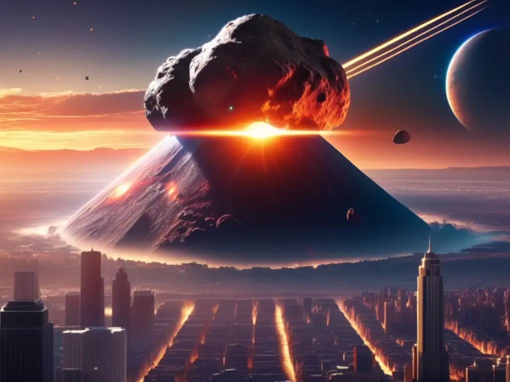 An ominous asteroid looms over an Earth cityscape in the foreground as the sun rises behind it, casting a warm glow on the bustling metropolis