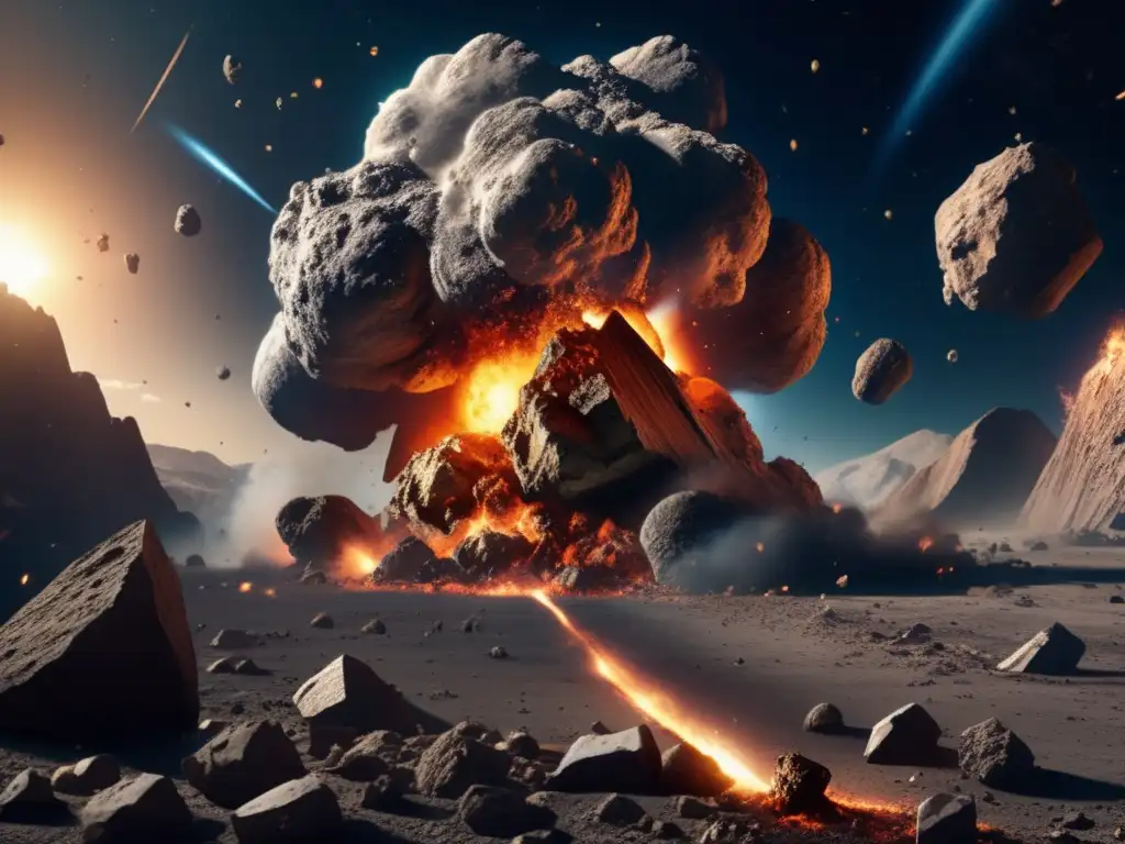 A photorealistic image of an asteroid collision destroying the surrounding area, with debris flying in all directions, and a grand scale explosion commanding the viewer's attention, capturing the beauty and danger of such scientific events