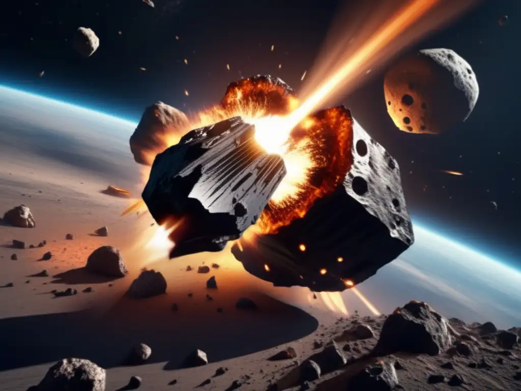 A photorealistic image of a spacecraft colliding with an asteroid in a kinetic impactor defense mission