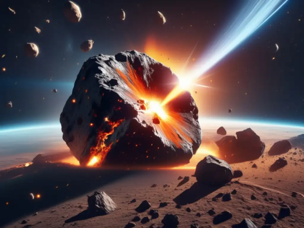 Dash: -Asteroid colliding with Earth in slow motion, debris flying off, sun and distant stars in the background