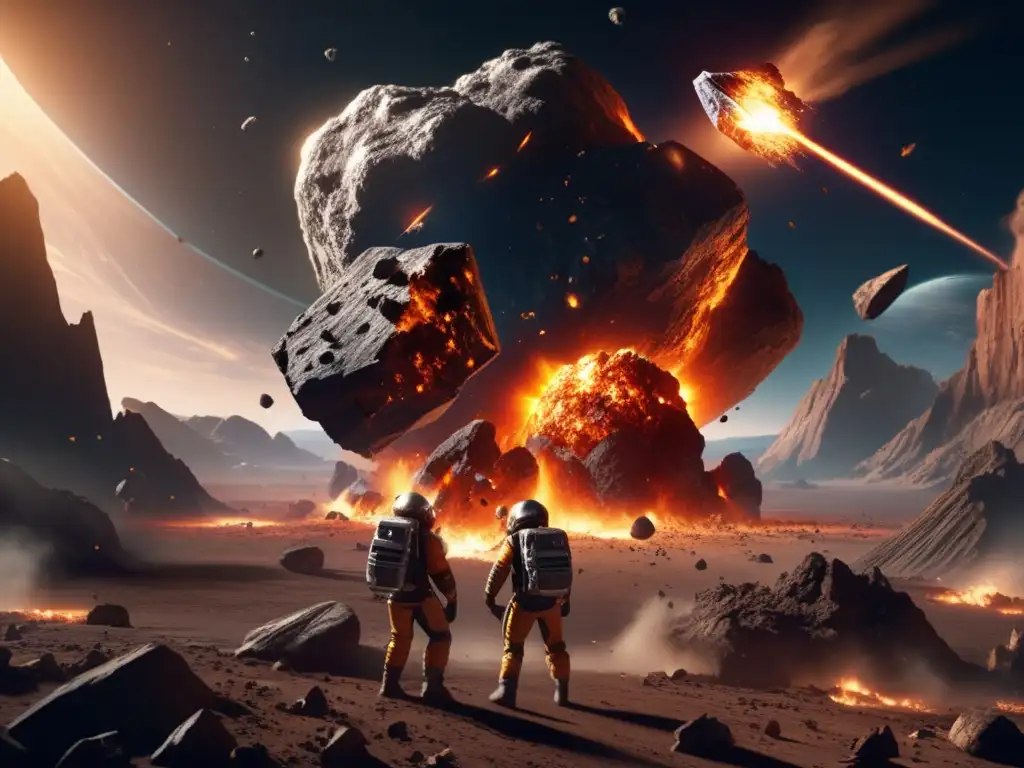 Captivating scene of Earth colliding with two asteroids, creating a cinematic experience with meteorite fragments, smoke, debris, and damage
