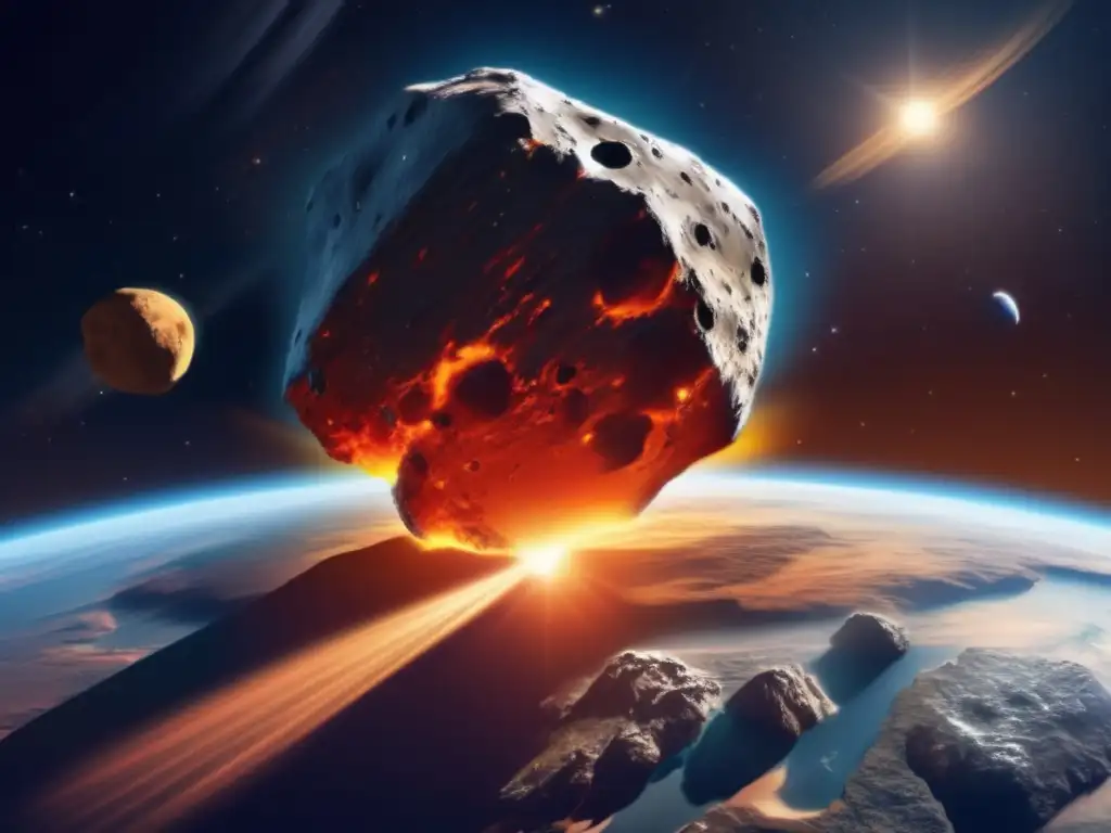 Large asteroid hurtling towards Earth- warm orange and yellow glow, collision course-textured details
