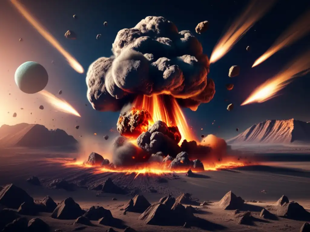 A photorealistic depiction of an asteroid collision with Earth, showcasing the devastation caused by the impact