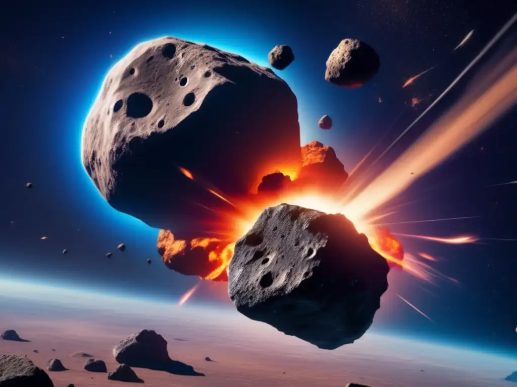 Asteroids collide in space, causing massive explosion and sending debris flying in all directions