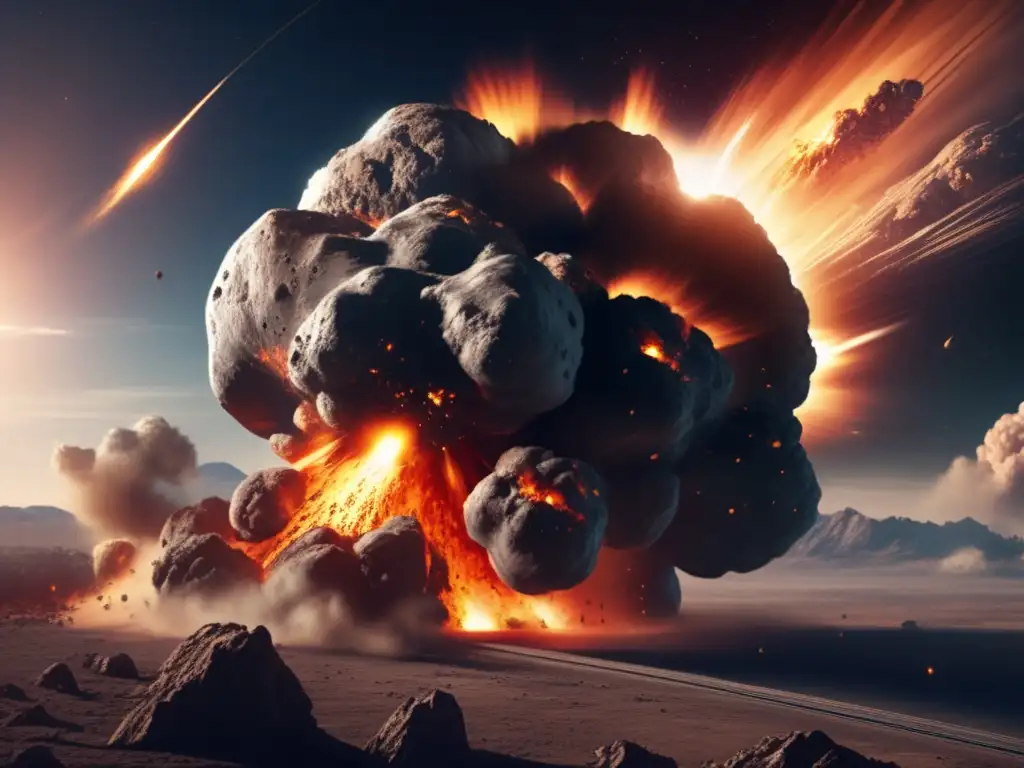Asteroid collision with Earth's atmosphere creates a fiery explosion, destroying buildings and infrastructure in its path