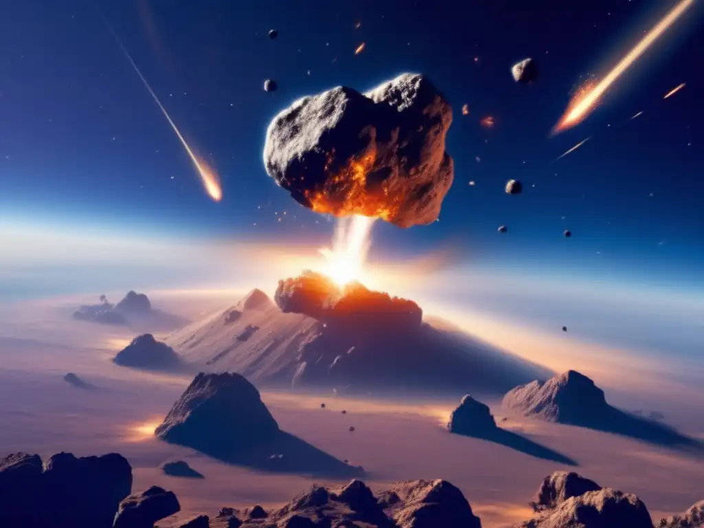 A mesmerizing image of a massive asteroid collision, viewed from a vantage point just above the Earth