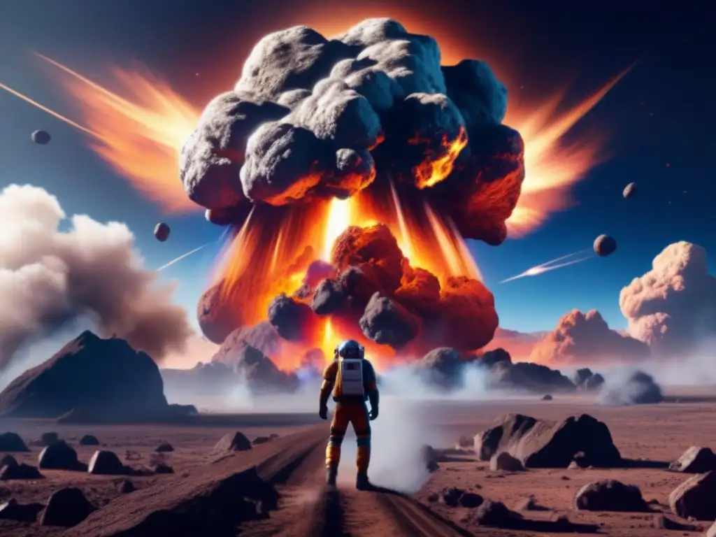 An intense depiction of a massive asteroid hurtling towards Earth, leaving a trail of smoke and debris in its wake