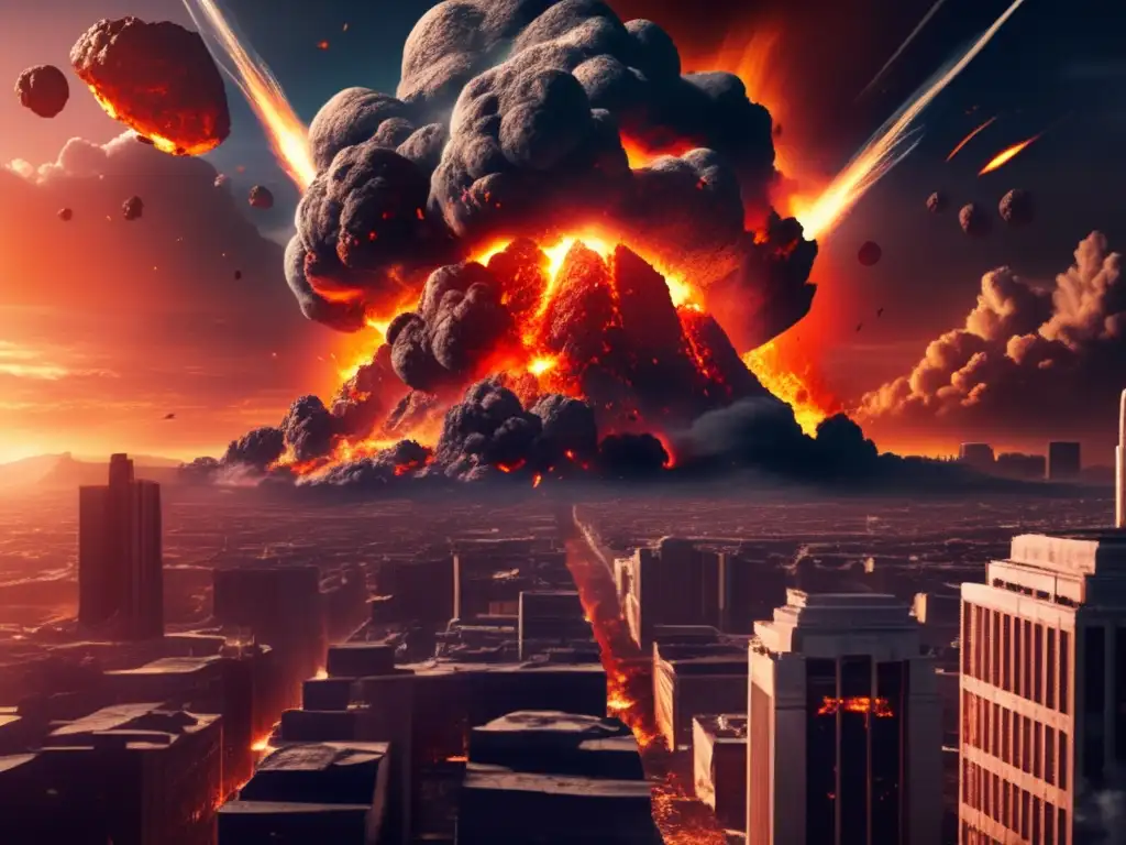 A photorealistic depiction of a massive asteroid's cataclysmic collision with Earth drives the sky dark and buildings to explode in a fiery explosion