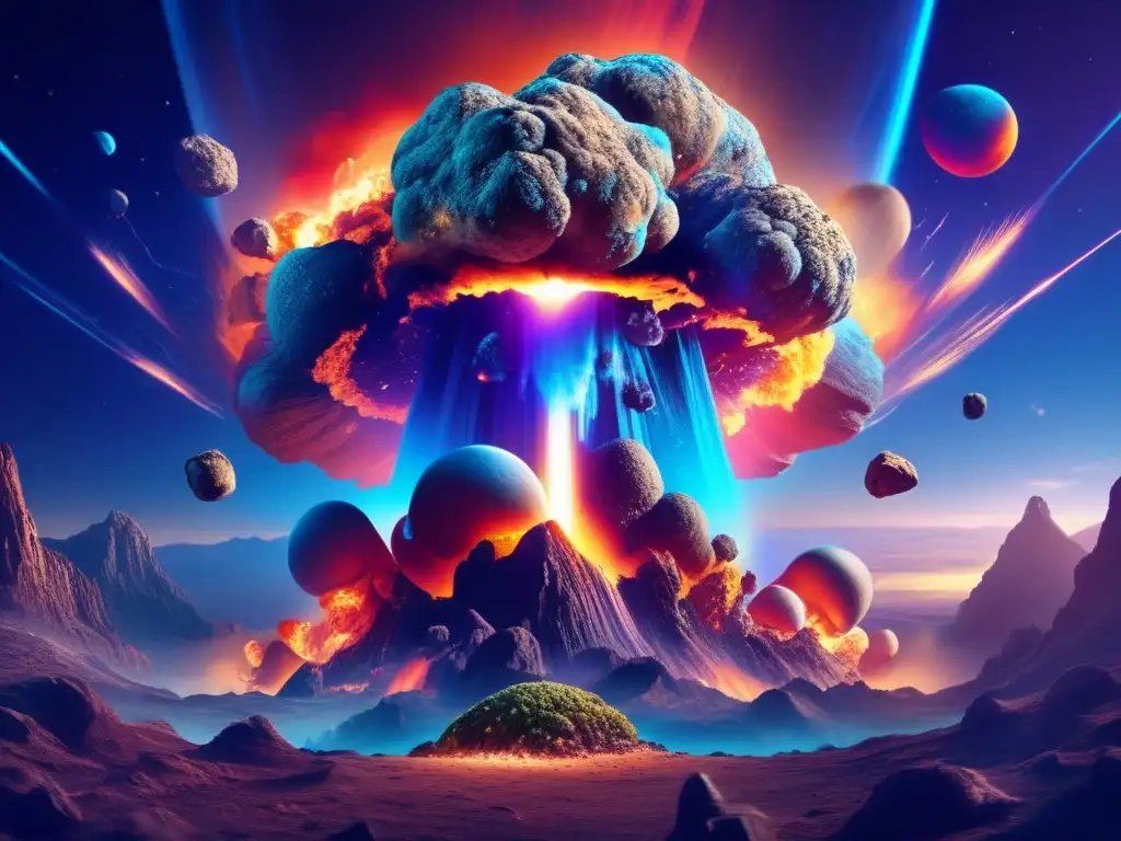 An explosive collision between an asteroid and blue planet, resulting in a vibrant mushroom cloud of destruction, vividly illustrated with intricate details and sharp lighting