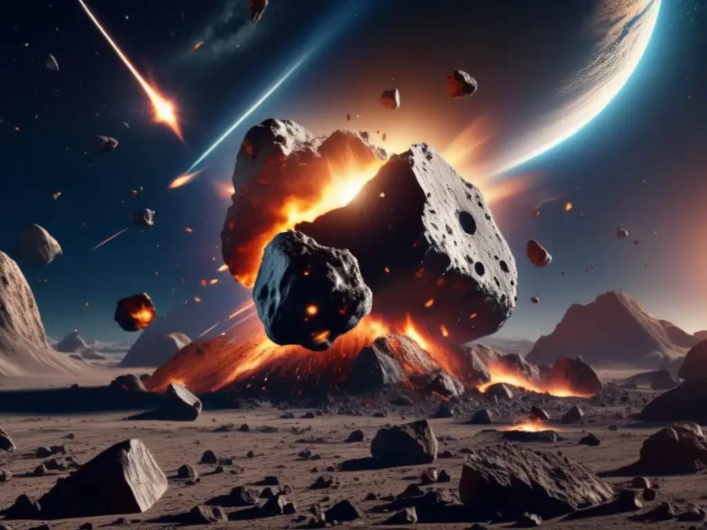 A breathtaking photorealistic image of an asteroid collision in space, with meteorites and debris flying in all directions