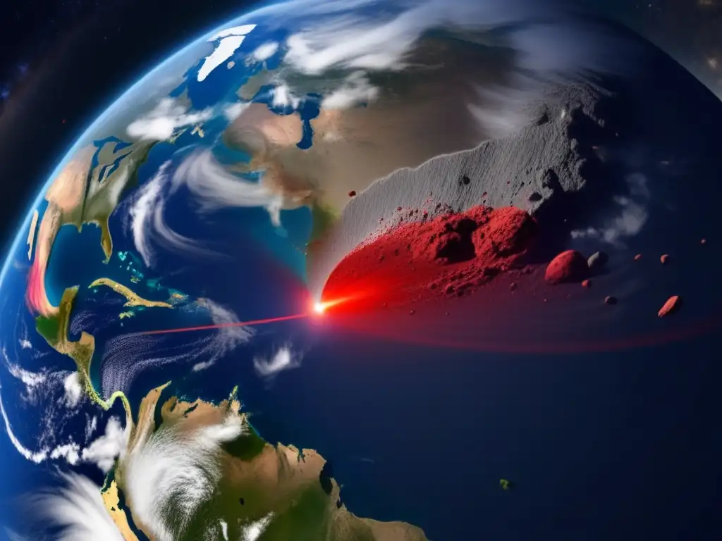 A stunning photorealistic image of Earth from space showcases the aftermath of recent asteroid collisions marked in red