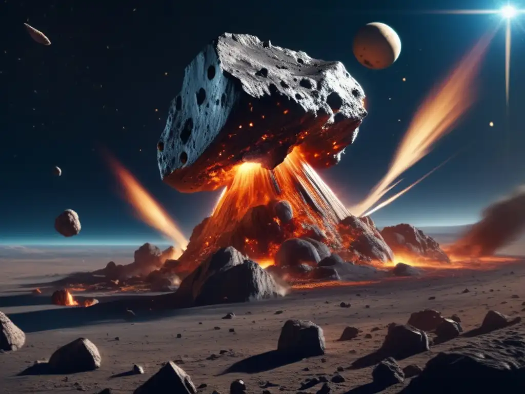 A photorealistic image captures the moment a colossal asteroid violently collides with a spacecraft, sending debris flying in all directions