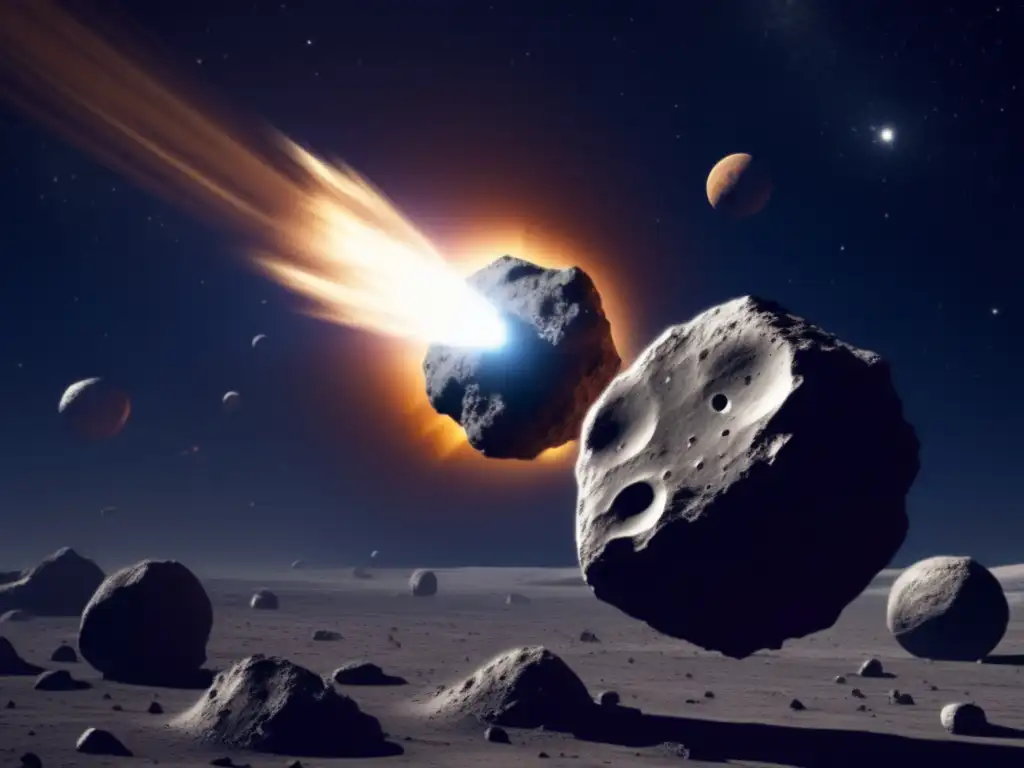 An asteroid smashes into a lone space probe, filling the frame with debris and tension
