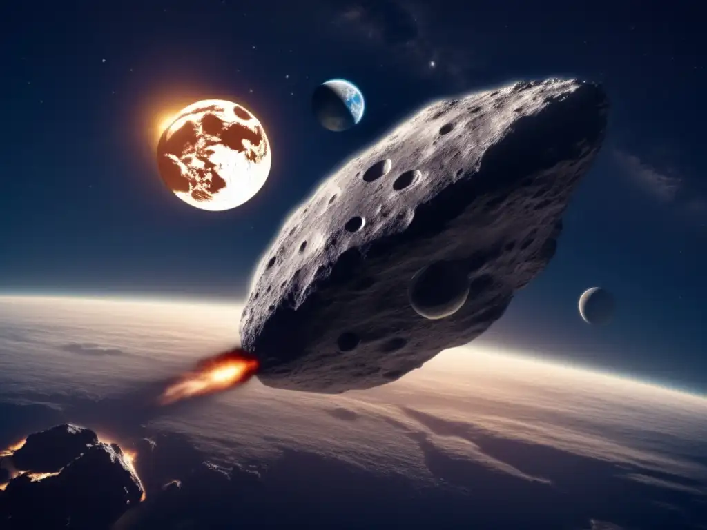 A photo-realistic depiction of a massive asteroid hurtling towards Earth, with the planet and moon in the background