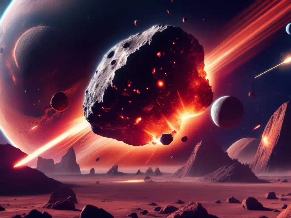 A photorealistic depiction of a catastrophic asteroid collision with a reddishorange planet, as Titans in slow motion fight to survive