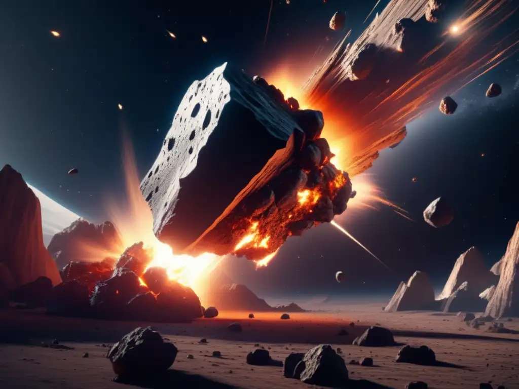 An artistically rendered image of a high-impact asteroid collision with a spacecraft, depicting the asteroid's jagged edges and sharp impact in a highly detailed photorealistic style