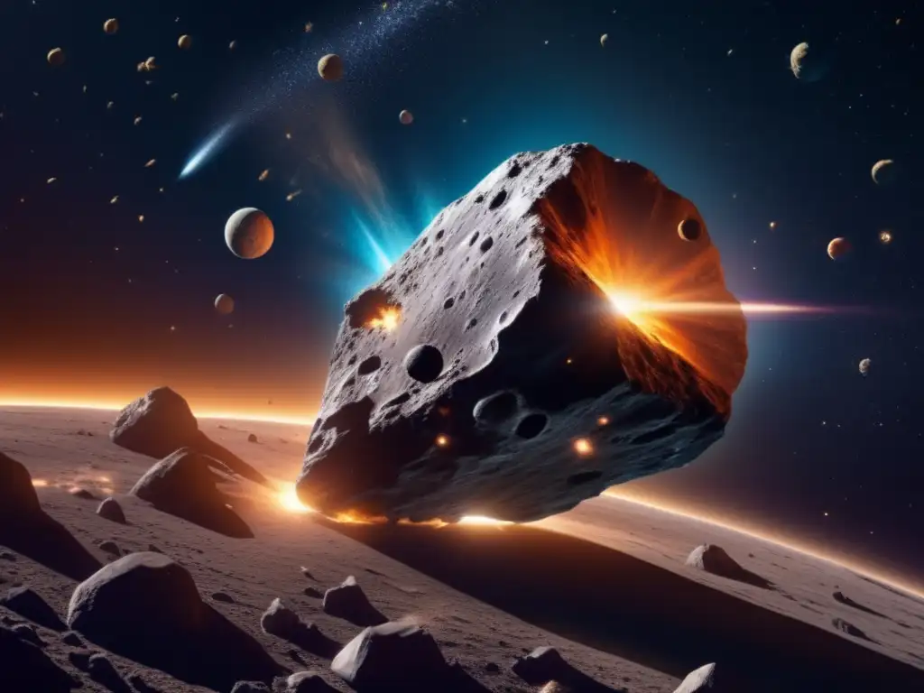 Discover the mesmerizing dance of an asteroid colliding with a comet in space, showcasing intricate details on both objects surrounded by a breathtaking array of celestial bodies