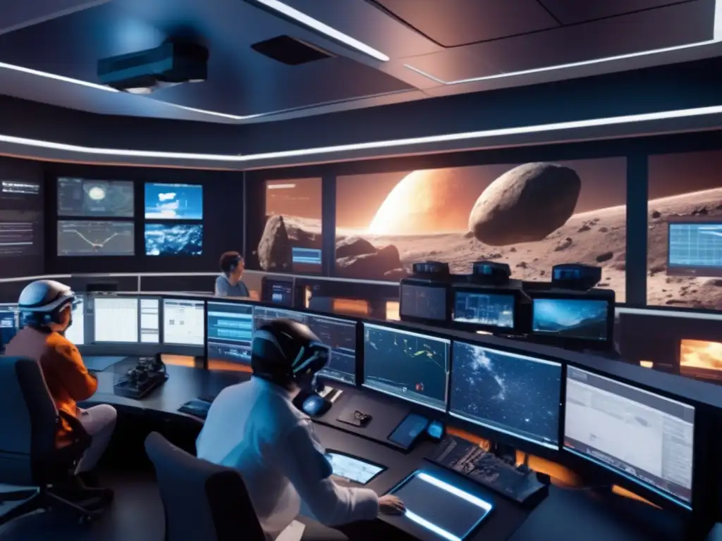 Photorealistic image of scientists operating in a futuristic control room, tracking harmful asteroids through various sensors and screens