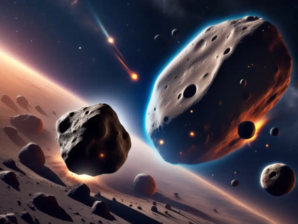 A photorealistic depiction of a massive asteroid hurtling through the cosmos towards a smaller, more spherical one