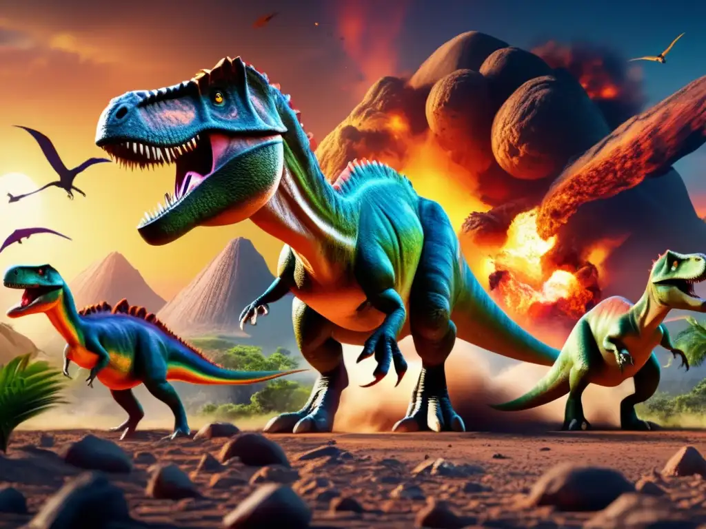 An 8k Ultradetailed image of a meteorite impacting the Earth, where a group of Dinosaurs are caught in the aftermath, brought to life with vibrant colors and intricate textures, evoking a sense of tragedy and loss for all who witness the extinction event