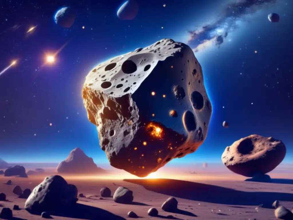 A stunning photorealistic depiction of an asteroid asteroid, with craters, rocks, and debris scattered around, caught between the vast expanse of deep space and Earth