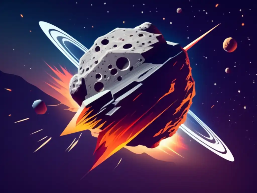 A stunning digital illustration showcases a 3D model of a colossal asteroid smashing into a humanmade satellite in space