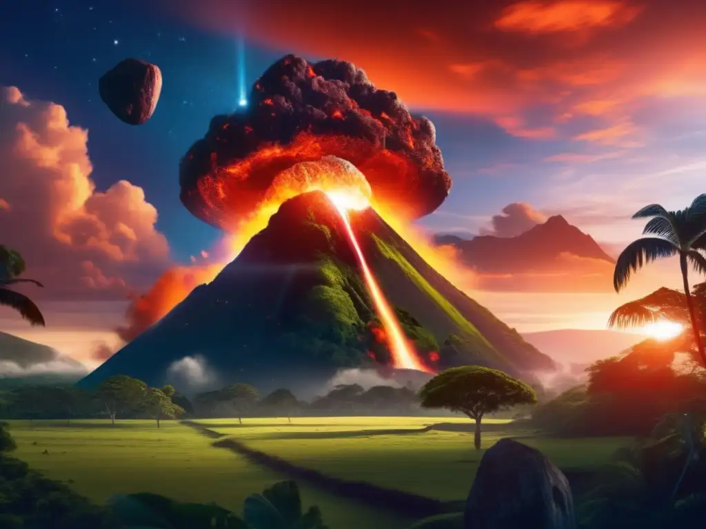 A photograph of a fiery asteroid crashing into a Samoan landscape, with a glowing warrior stone visible in the sky above
