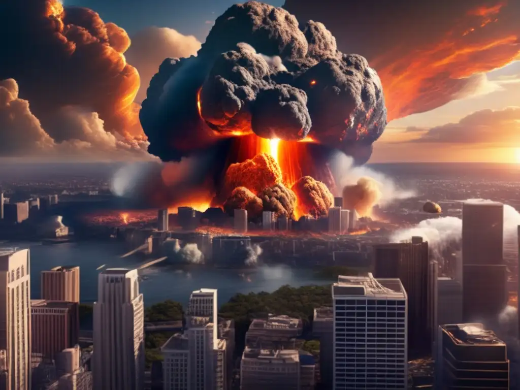 A apocalyptic scene of an asteroid impact on a city, causing devastation, destruction and loss