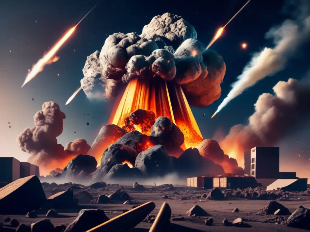 An aftermath of asteroid impact: Destruction reigns supreme as smoking debris collapses buildings and smoke fills the air