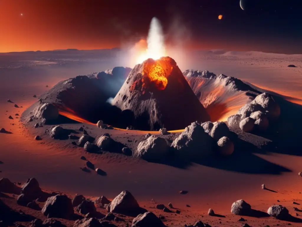 A breathtaking view of a colossal asteroid crater, with smoke and debris billowing out from its fiery center, surrounded by an orange glow of heat