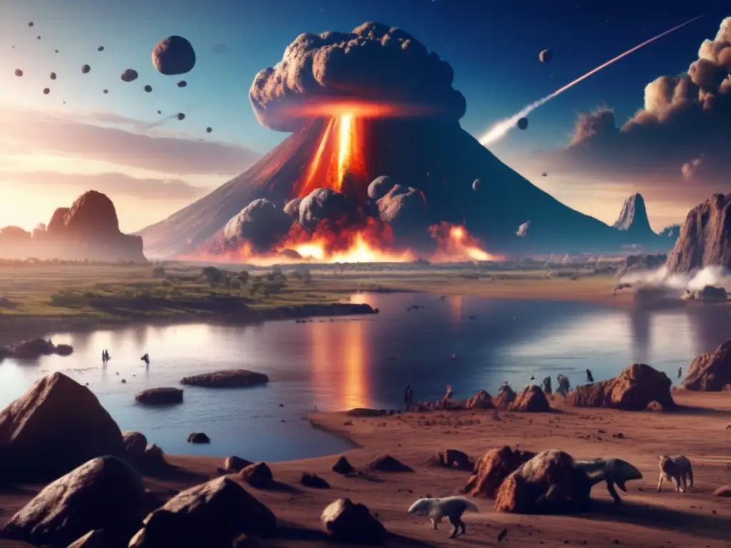 A photorealistic image of an asteroid impact scene with a massive cratered landscape covering an expanse of land, water and debris flooding the area