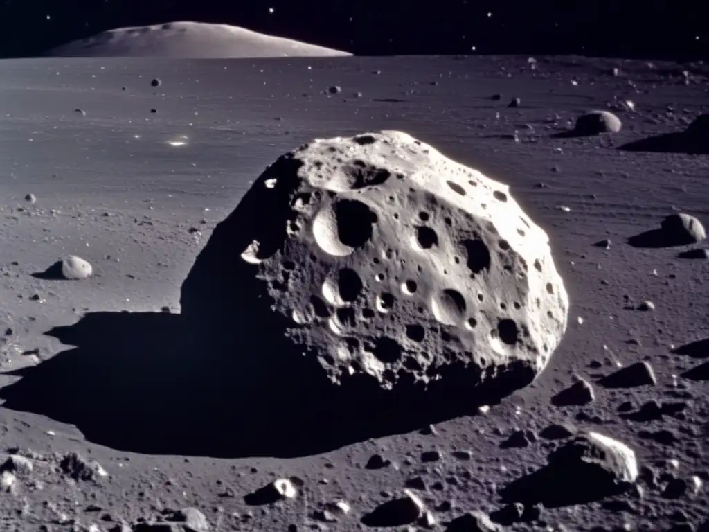 A closeup of Ascanius, a heavily cratered asteroid in space, viewed from orbit