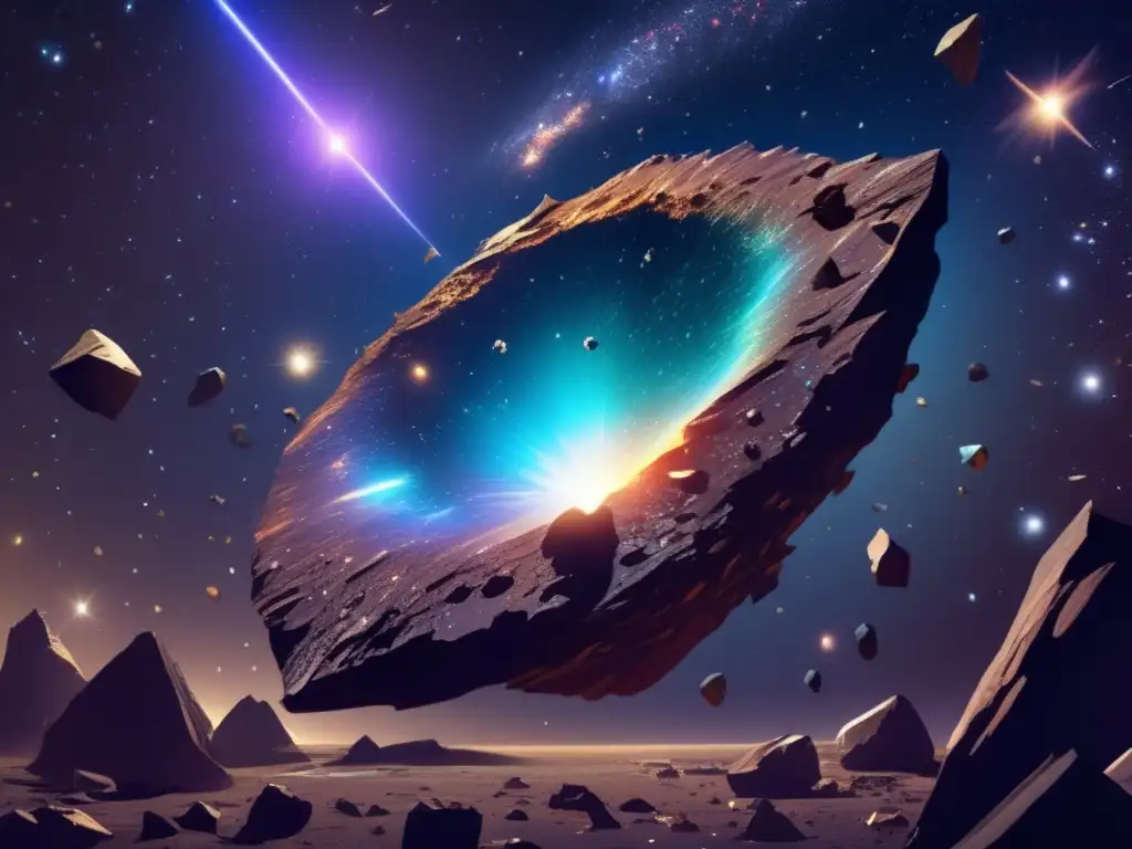 An ethereal, jagged asteroid with an iridescent surface floats amidst the darkness of space, surrounded by hurtling stones and debris