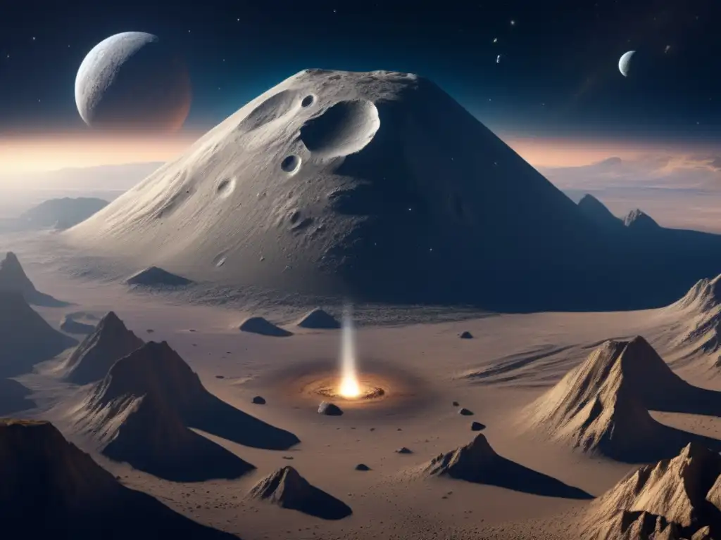 An stunning diagram of Asteroid Creusa exposes its unique and diverse terrain, boasting intricate geological features such as craters, valleys, and ridgetops, while a visible plume of emissions and particles emanates from its surface, reflecting the harsh and rugged conditions of the celestial body