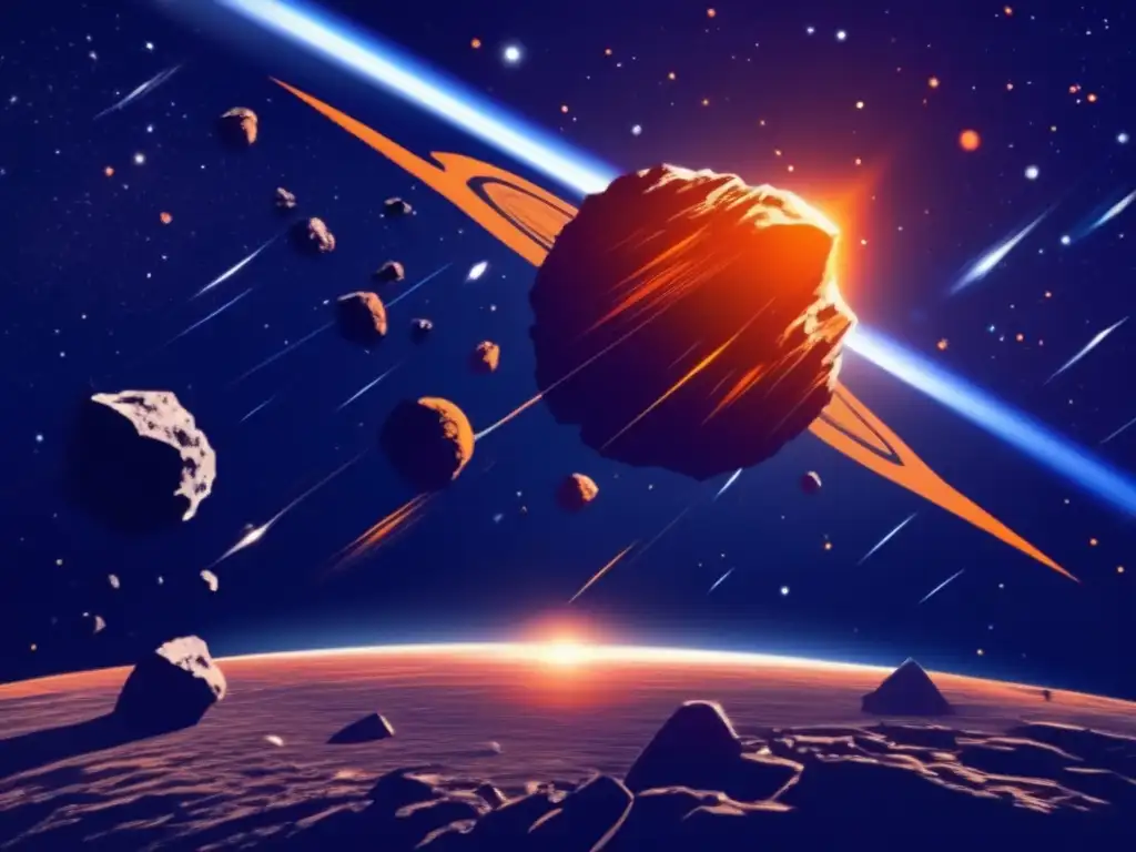 A dark blue and black background with a sparkling orange asteroid flying towards Earth in the foreground