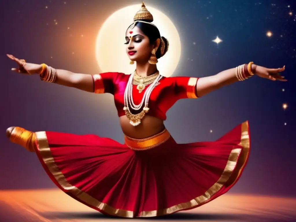 A celestial dance, the Indian dancer gracefully poses with an asteroid in hand, their eyes closed in deep concentration, amidst a soft and inviting color palette and blurred background