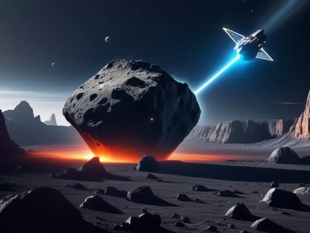 Asteroid Looms in the Dark: A Hyperrealistic Illustration of a Gargantuan Space Rock threatening a small spaceship, emitting a beacon of hope