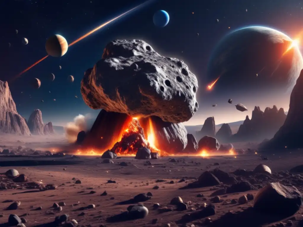 Amidst a sea of celestial rubble, a gigantic asteroid rushes forward -