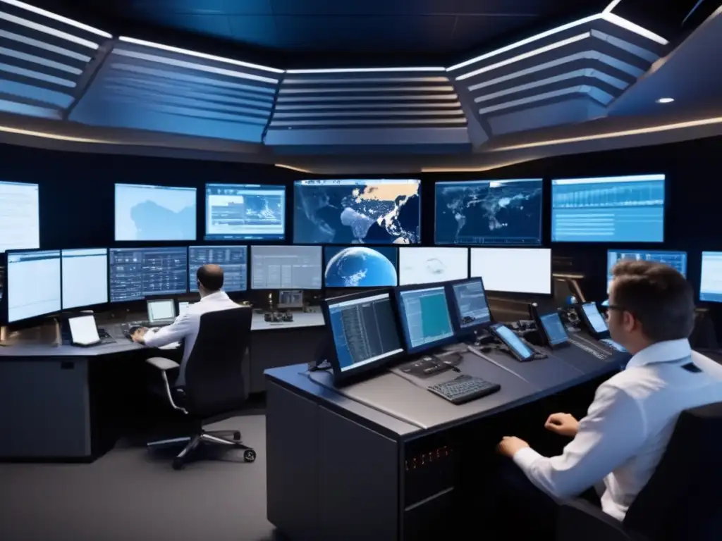 Scientists and engineers in a control room tirelessly defending Earth from an asteroid impact