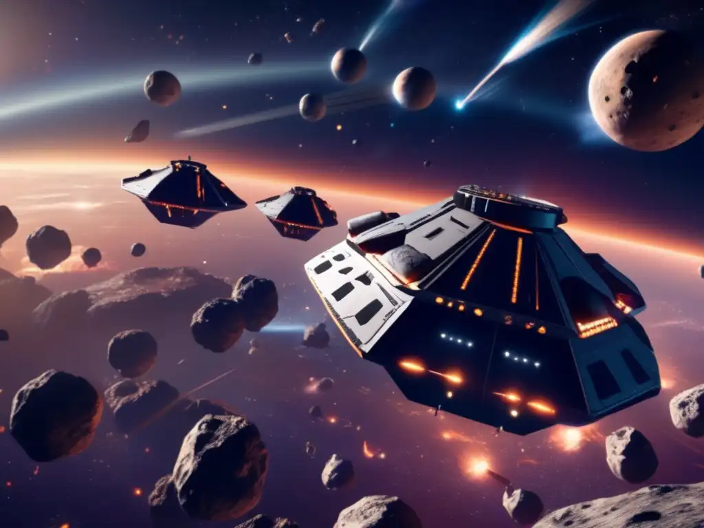 Asteroid Defense Fleet - A photorealistic image of a fleet of defense ships, shielded against incoming asteroids, protects Earth against space threats