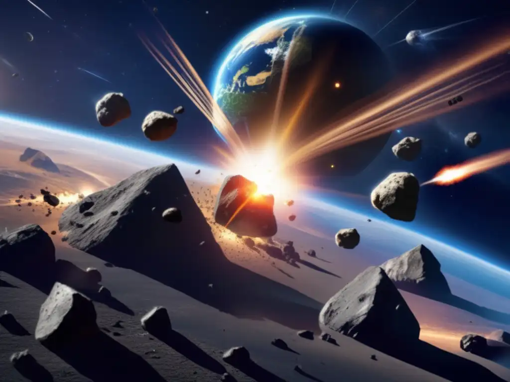 A highly detailed photorealistic image of asteroid defense measures in action