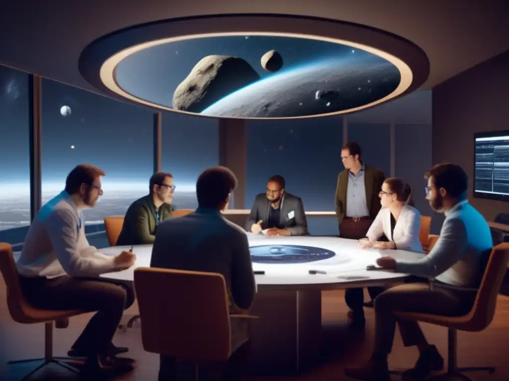 In the dimly lit room, a group of scientists and engineers huddled around a large table, sketching out ideas for an asteroid defense project