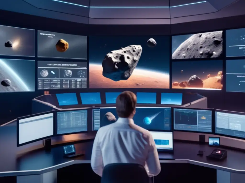 A photorealistic image showcases a team of scientists in a high-tech control room, monitoring multiple asteroids in space