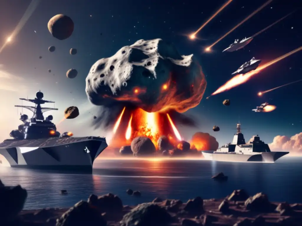 A photorealistic image of a menacing asteroid in space, towered over by a determined group of military ships