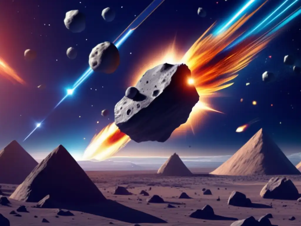 A photorealistic image of an asteroid defense system in action, with a deep space view in the background