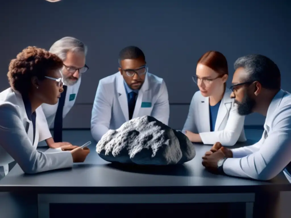 A team of scientists gather intently around a table, diligently examining a 3D model of an asteroid