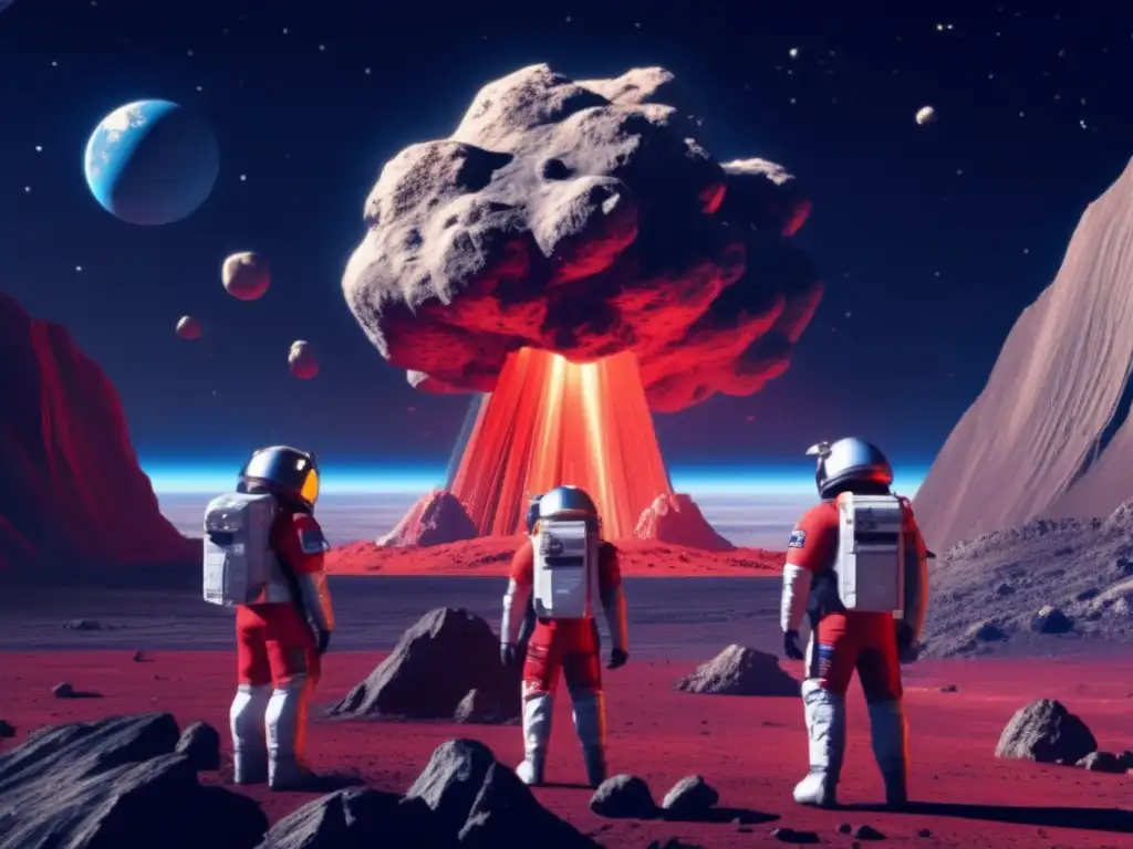 An intense scene of a photorealistic image depicts an asteroid defense team in red and blue uniforms, standing on a platform gazing out at a colossal asteroid hurtling towards Earth