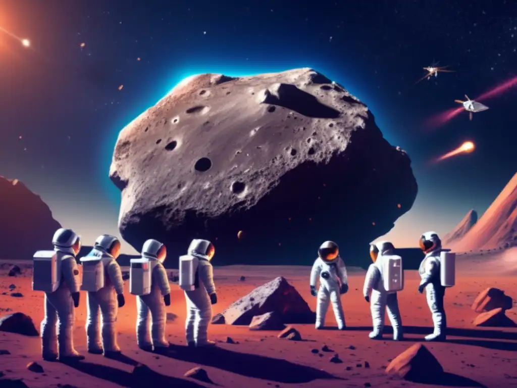 Photorealistic image of a group of scientists and astronauts examining a large asteroid, discussing strategies to defend against it