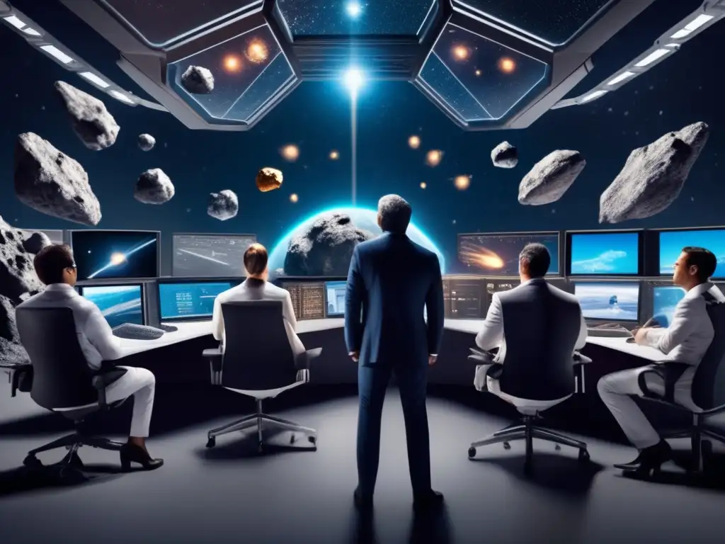 A busy group of scientists and astronauts work together in suits to defend against incoming asteroid threats in space