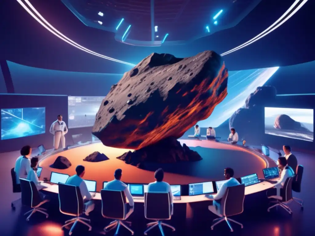 An 8k ultradetailed image of an asteroid being diverted by a group of scientists and engineers working together in a hightech command center